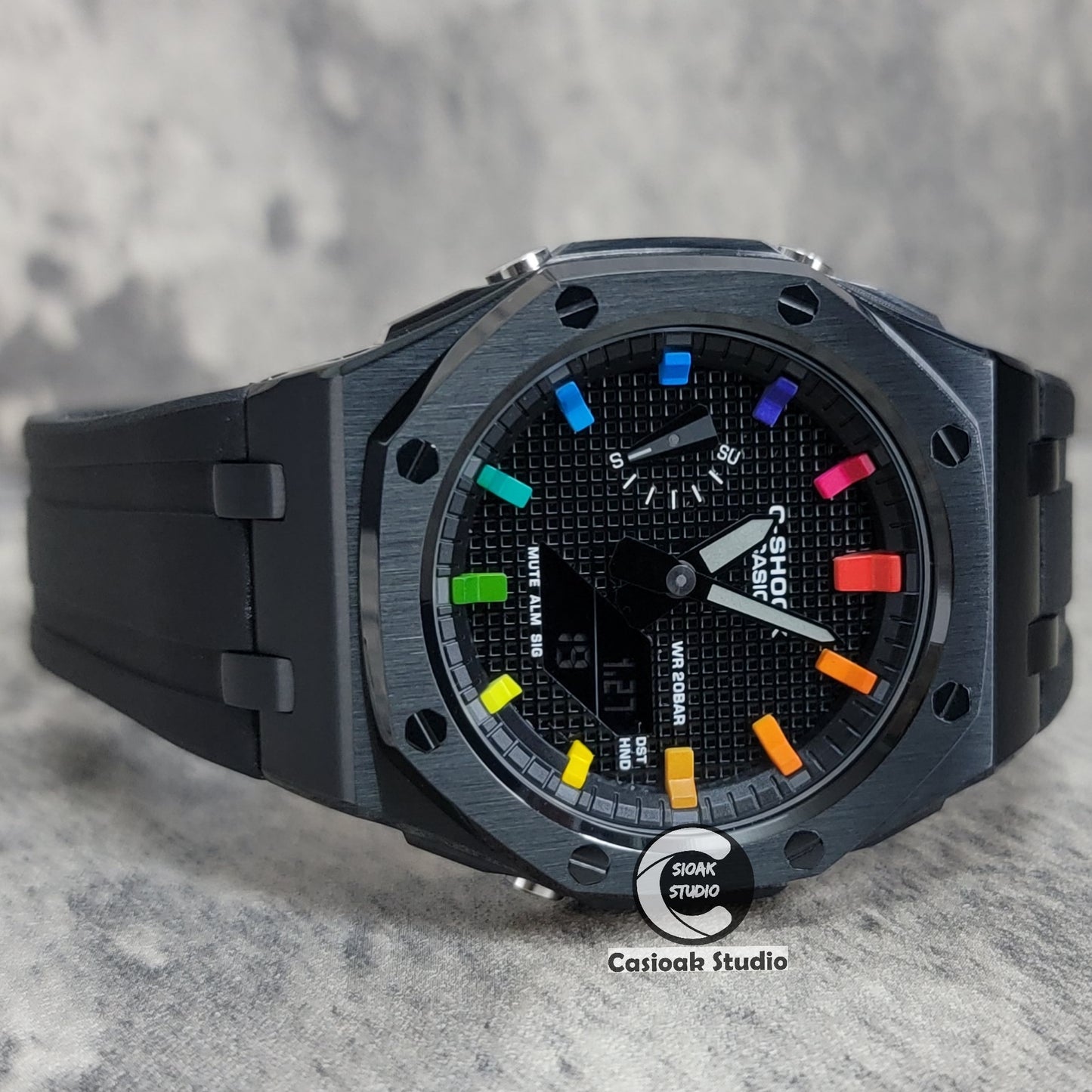 Casioak Mod Watch Offshore Superior Black Case Black Rubber Rubber Strap Black Rainbow Time Mark Black Waffle Dial 44mm - Casioak Studio