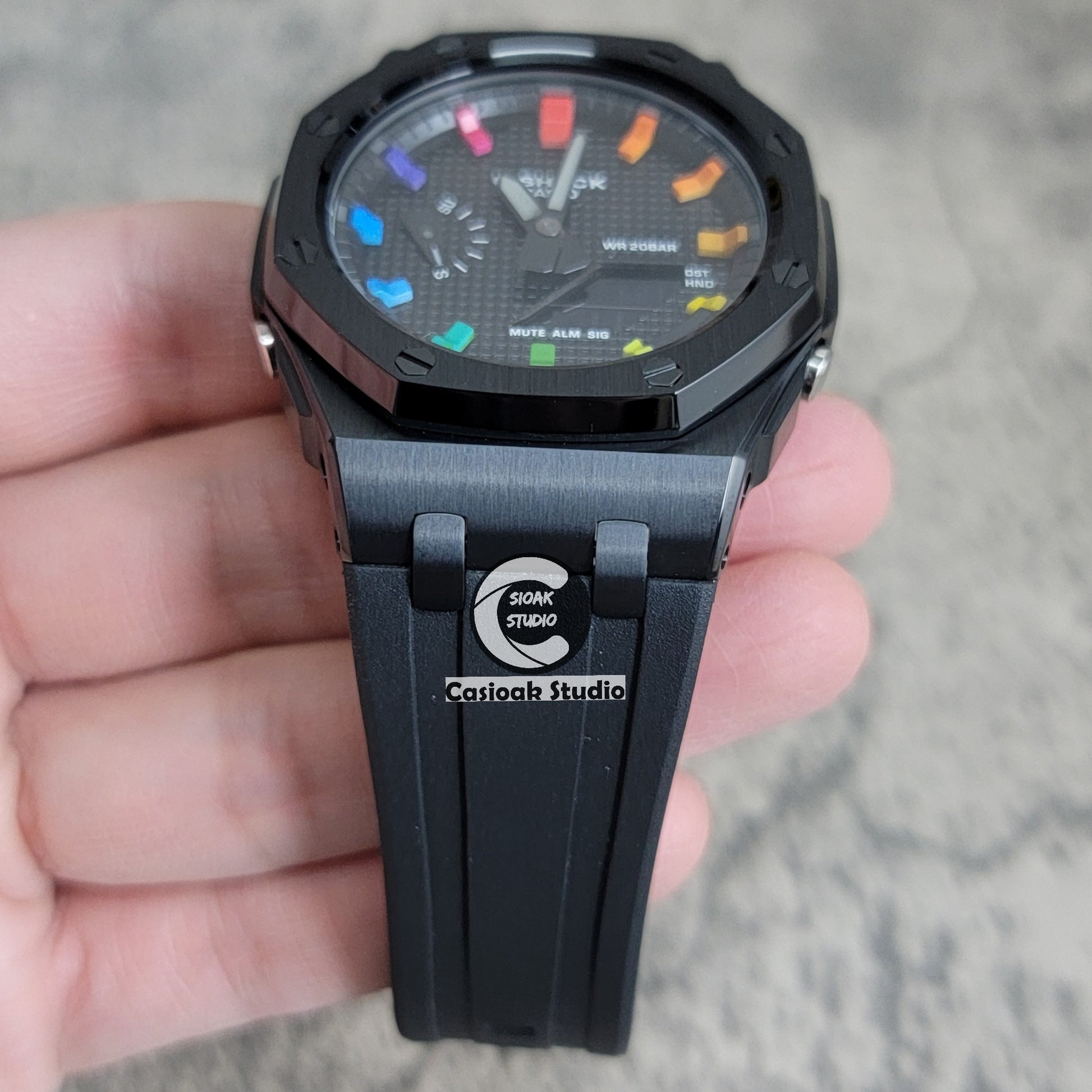 Casioak Mod Watch Offshore Superior Black Case Black Rubber Rubber Strap Black Rainbow Time Mark Black Waffle Dial 44mm - Casioak Studio