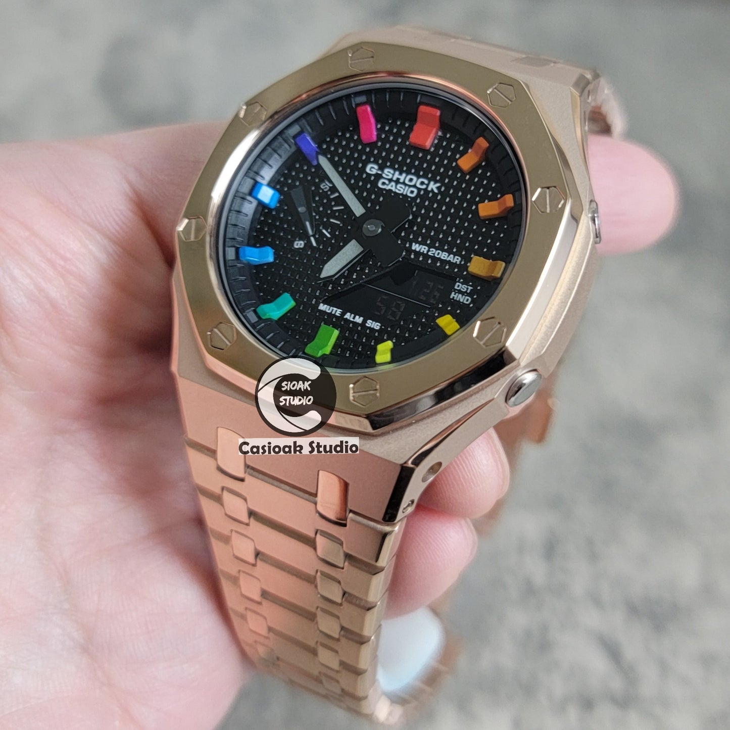 Casioak Mod Watch Polished Rose Gold Case Metal Strap Black Rainbow Time Mark Black Waffle Dial 44mm - Casioak Studio