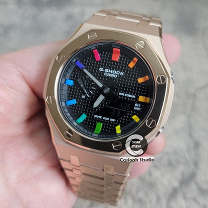 Casioak Mod Watch Polished Rose Gold Case Metal Strap Black Rainbow Time Mark Black Waffle Dial 44mm - Casioak Studio