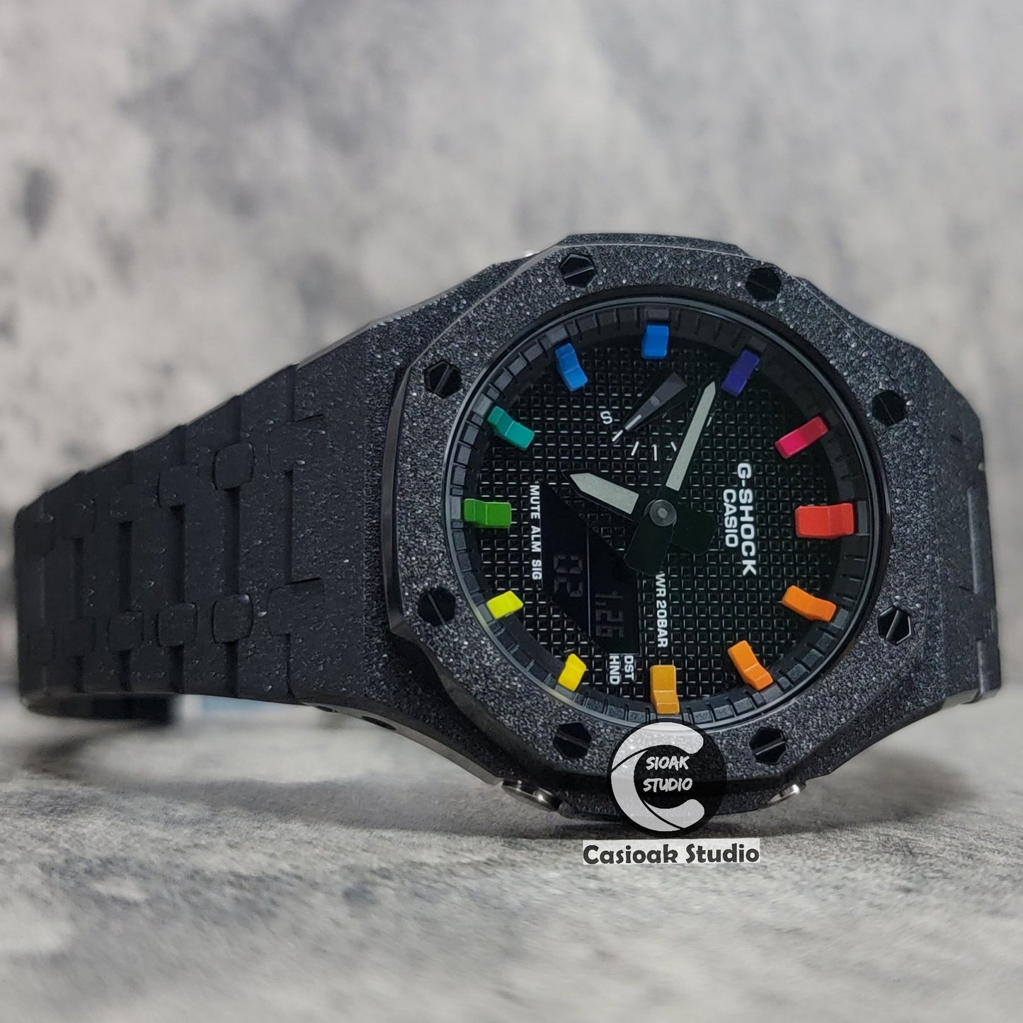 Casioak Mod Watch Frosted Black Case Metal Strap Blue Black Rainbow Time Mark Black Waffle Dial 44mm - Casioak Studio