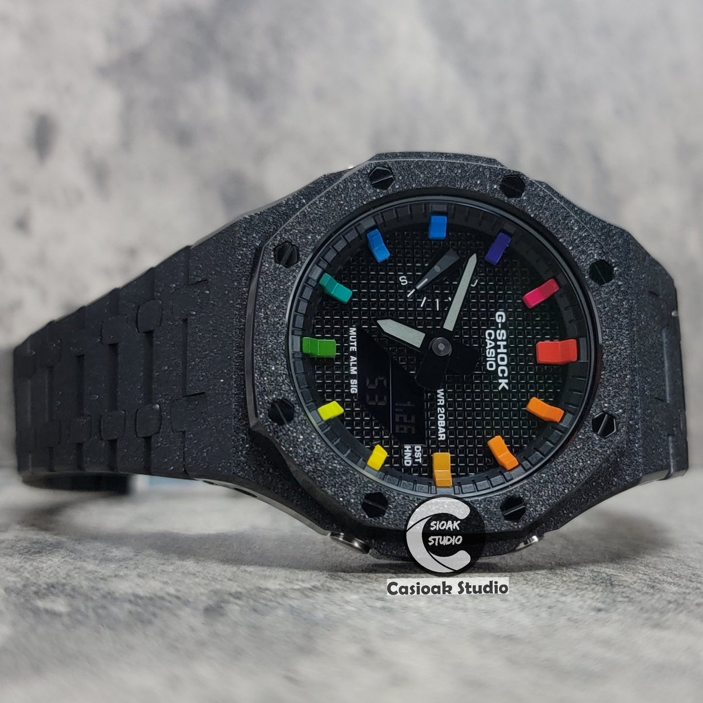 Casioak Mod Watch Frosted Black Case Metal Strap Blue Black Rainbow Time Mark Black Waffle Dial 44mm - Casioak Studio