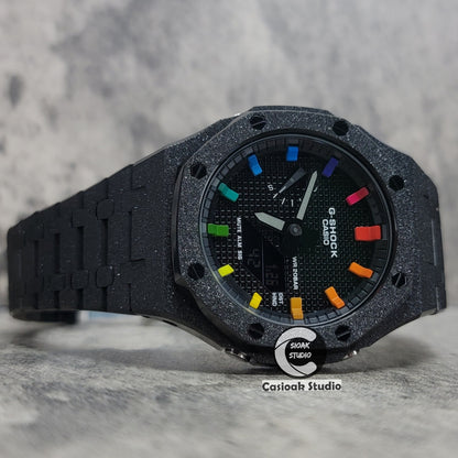 Casioak Mod Watch Frosted Black Case Metal Strap Blue Black Rainbow Time Mark Black Waffle Dial 44mm - Casioak Studio