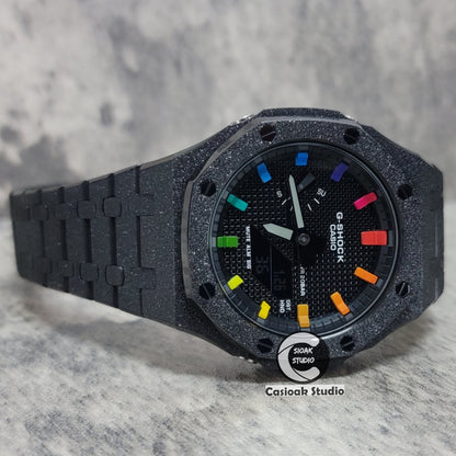 Casioak Mod Watch Frosted Black Case Metal Strap Blue Black Rainbow Time Mark Black Waffle Dial 44mm - Casioak Studio