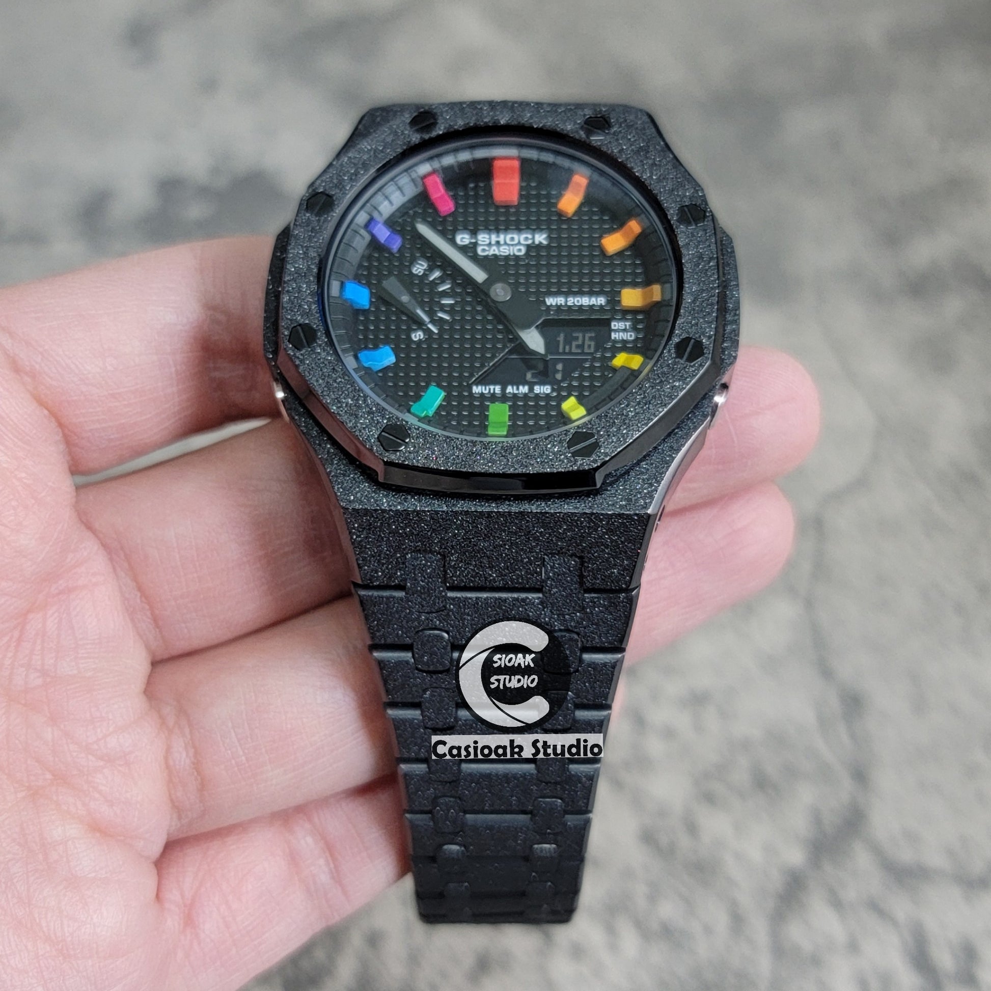 Casioak Mod Watch Frosted Black Case Metal Strap Blue Black Rainbow Time Mark Black Waffle Dial 44mm - Casioak Studio