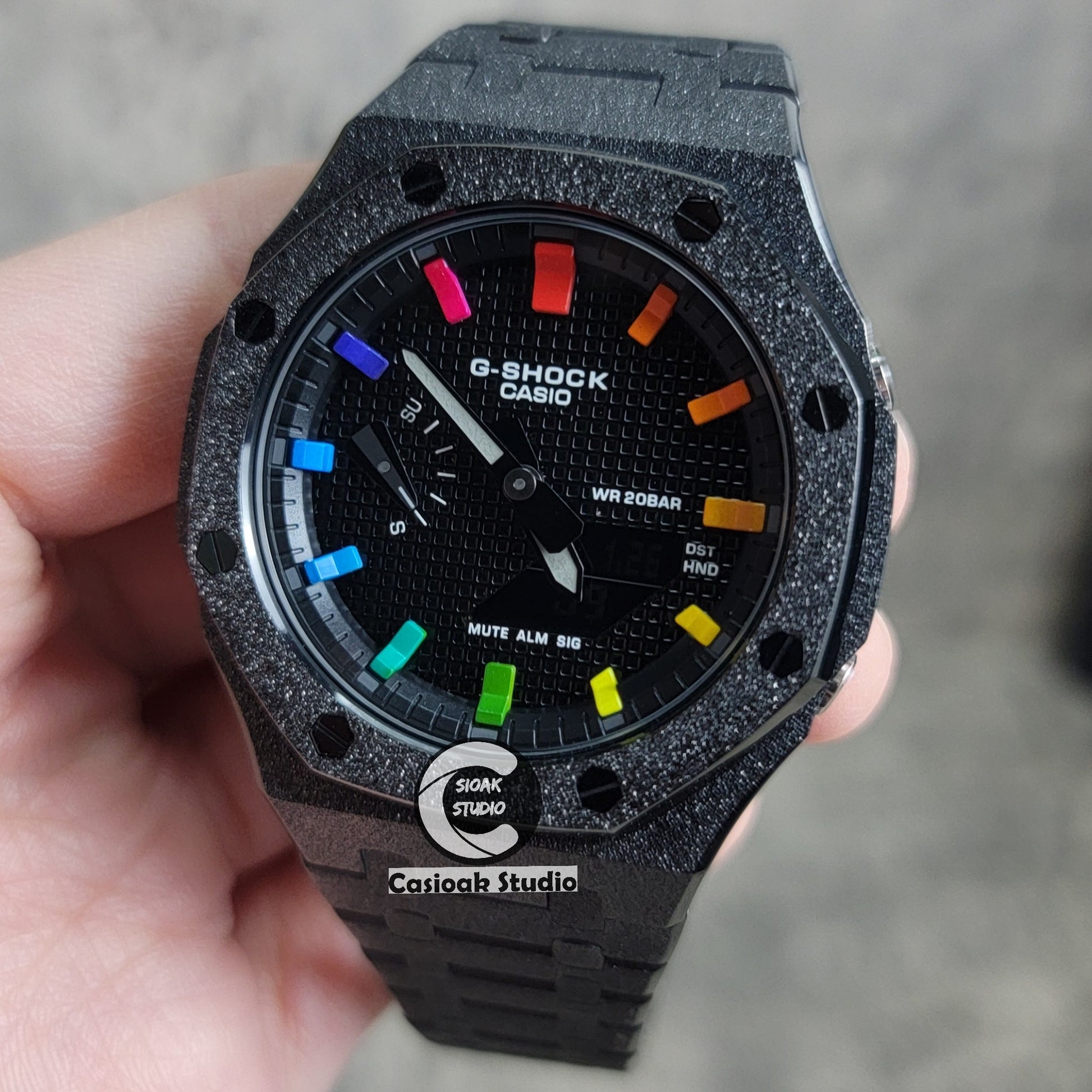 Casioak Mod Watch Frosted Black Case Metal Strap Blue Black Rainbow Time Mark Black Waffle Dial 44mm - Casioak Studio