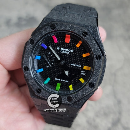 Casioak Mod Watch Frosted Black Case Metal Strap Blue Black Rainbow Time Mark Black Waffle Dial 44mm - Casioak Studio