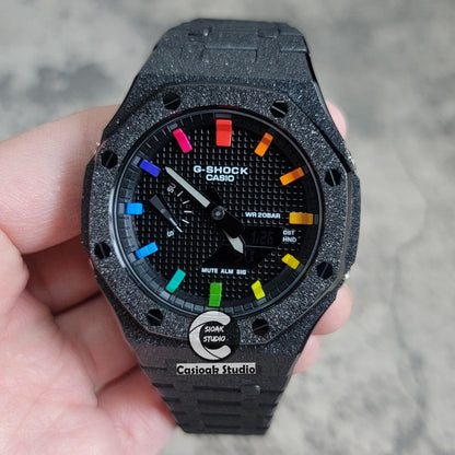 Casioak Mod Watch Frosted Black Case Metal Strap Blue Black Rainbow Time Mark Black Waffle Dial 44mm - Casioak Studio