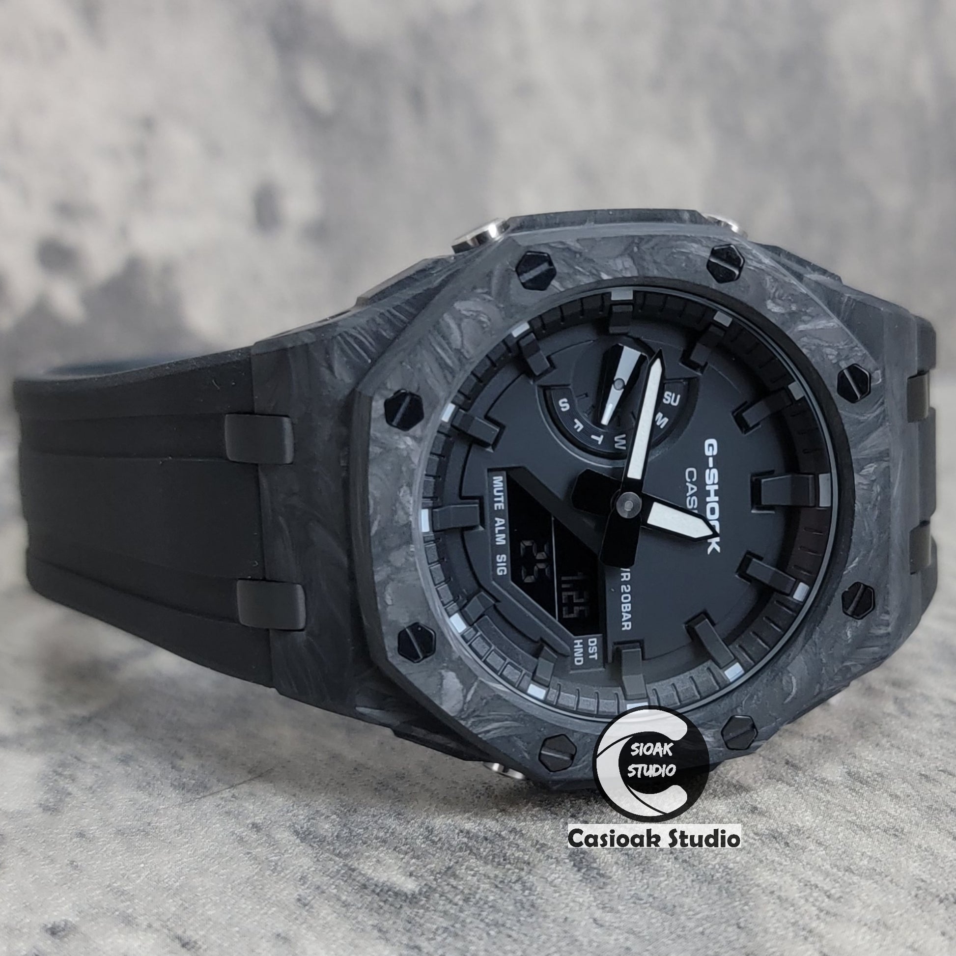 Casioak Mod Watch Carbon Fiber Offshore Superior Black Case Black Strap Black Time Mark Black Dial 44mm - Casioak Studio