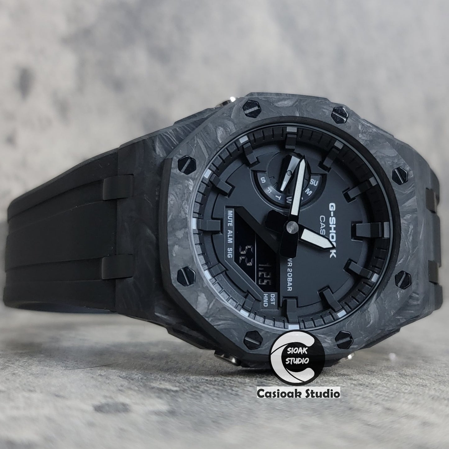 Casioak Mod Watch Carbon Fiber Offshore Superior Black Case Black Strap Black Time Mark Black Dial 44mm - Casioak Studio