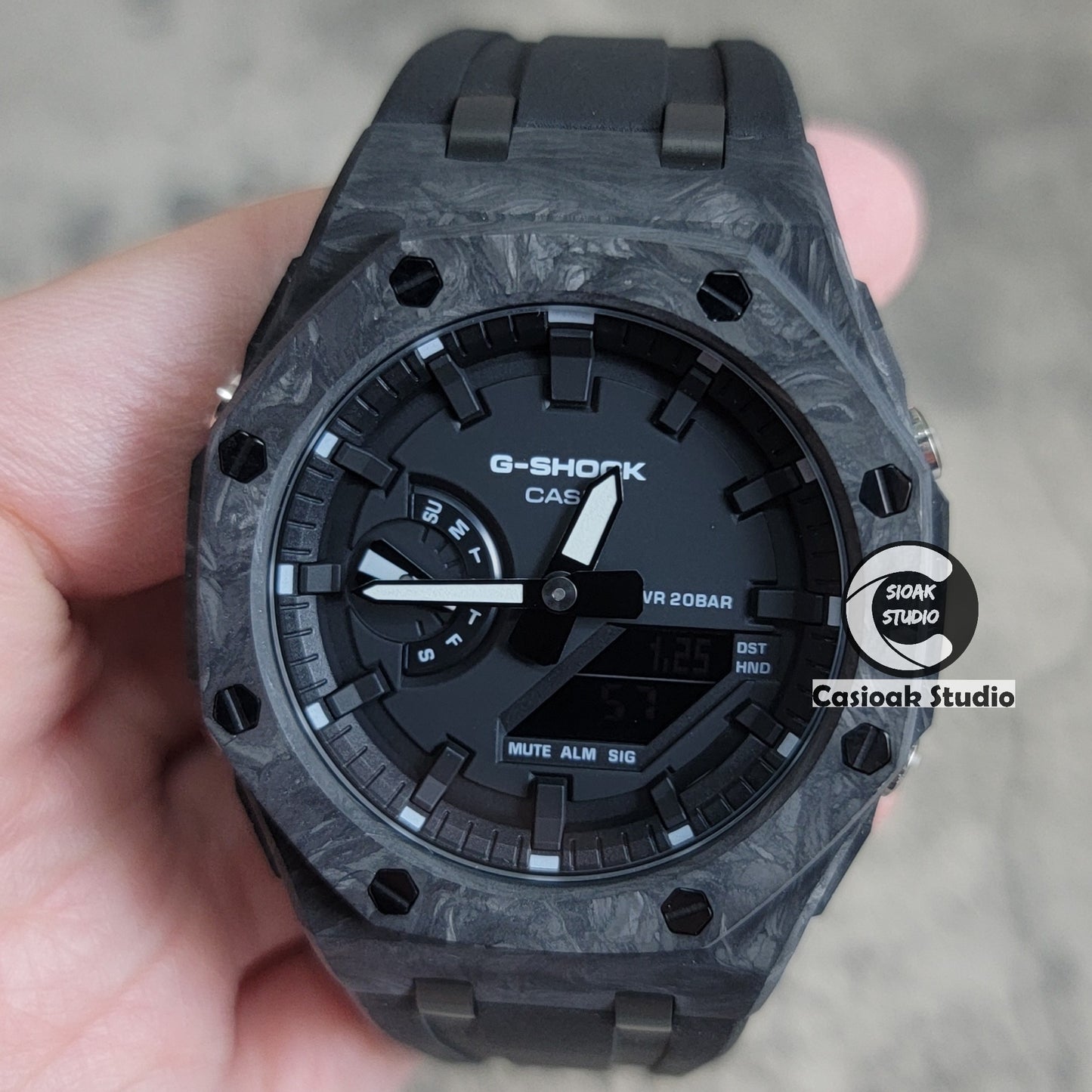 Casioak Mod Watch Carbon Fiber Offshore Superior Black Case Black Strap Black Time Mark Black Dial 44mm - Casioak Studio