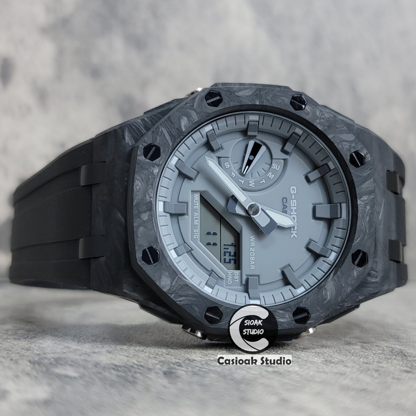 Casioak Mod Watch Carbon Fiber Superior Black Case Black Strap Gray Time Mark Gray Dial 44mm - Casioak Studio