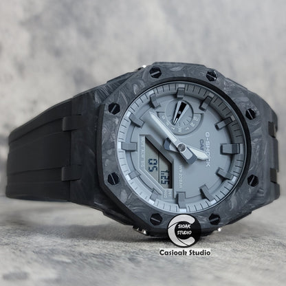 Casioak Mod Watch Carbon Fiber Superior Black Case Black Strap Gray Time Mark Gray Dial 44mm - Casioak Studio