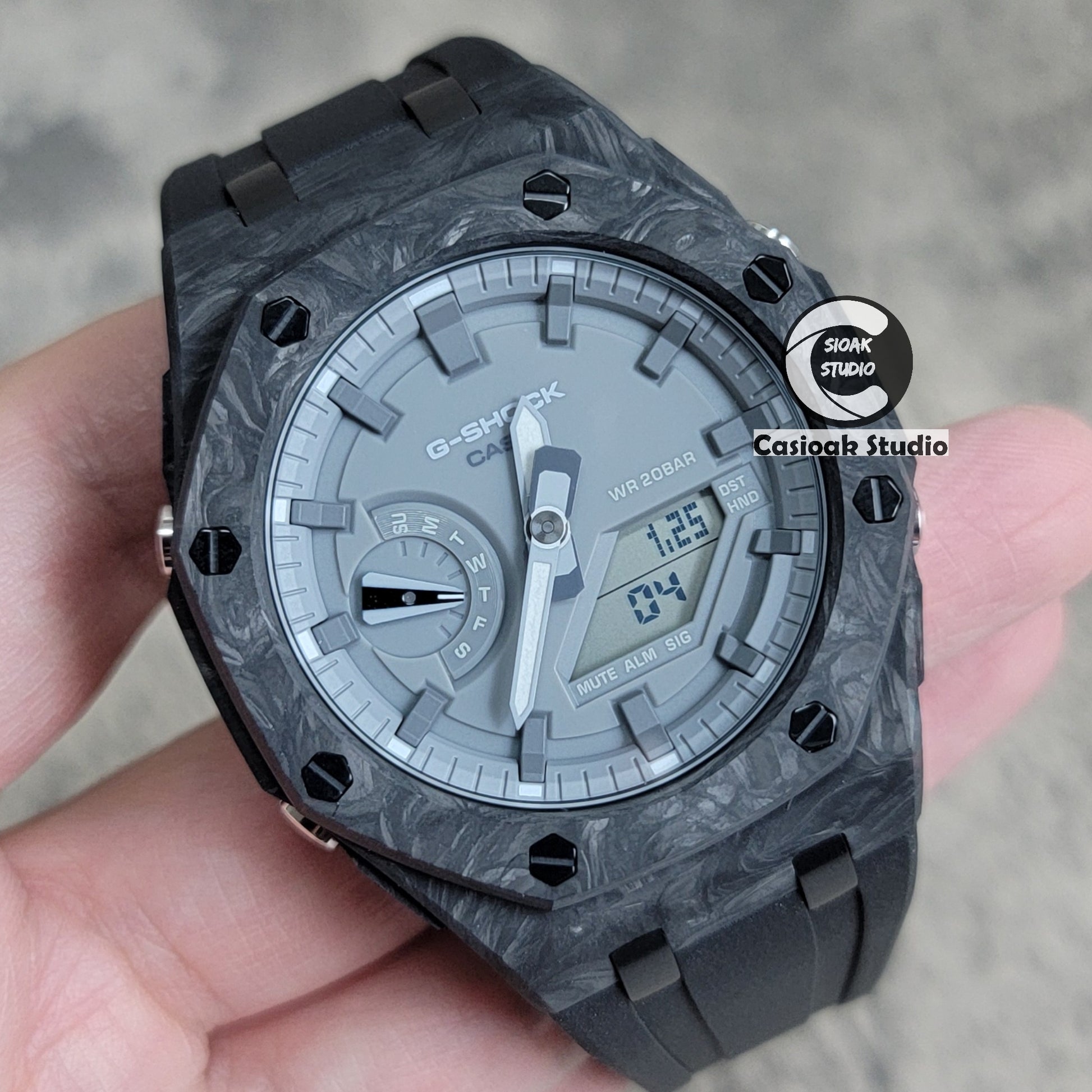 Casioak Mod Watch Carbon Fiber Superior Black Case Black Strap Gray Time Mark Gray Dial 44mm - Casioak Studio