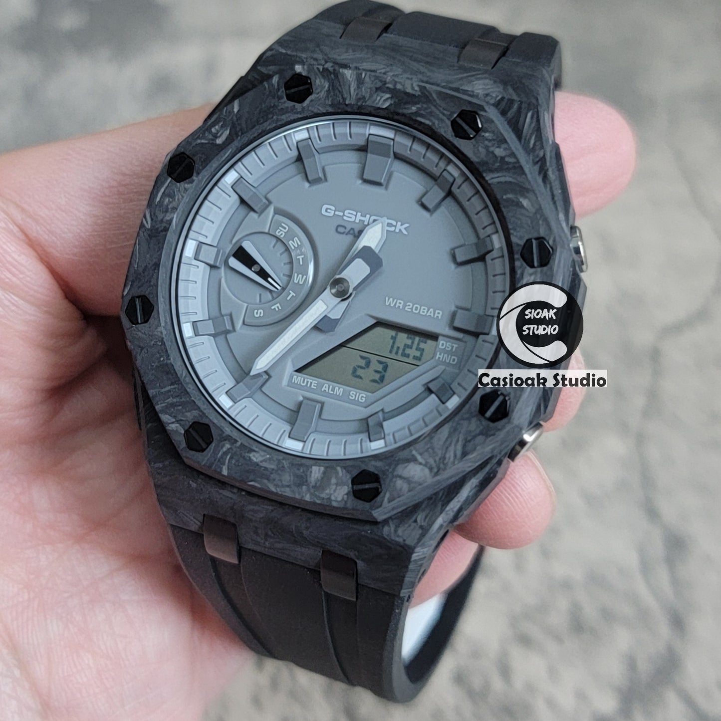 Casioak Mod Watch Carbon Fiber Superior Black Case Black Strap Gray Time Mark Gray Dial 44mm - Casioak Studio