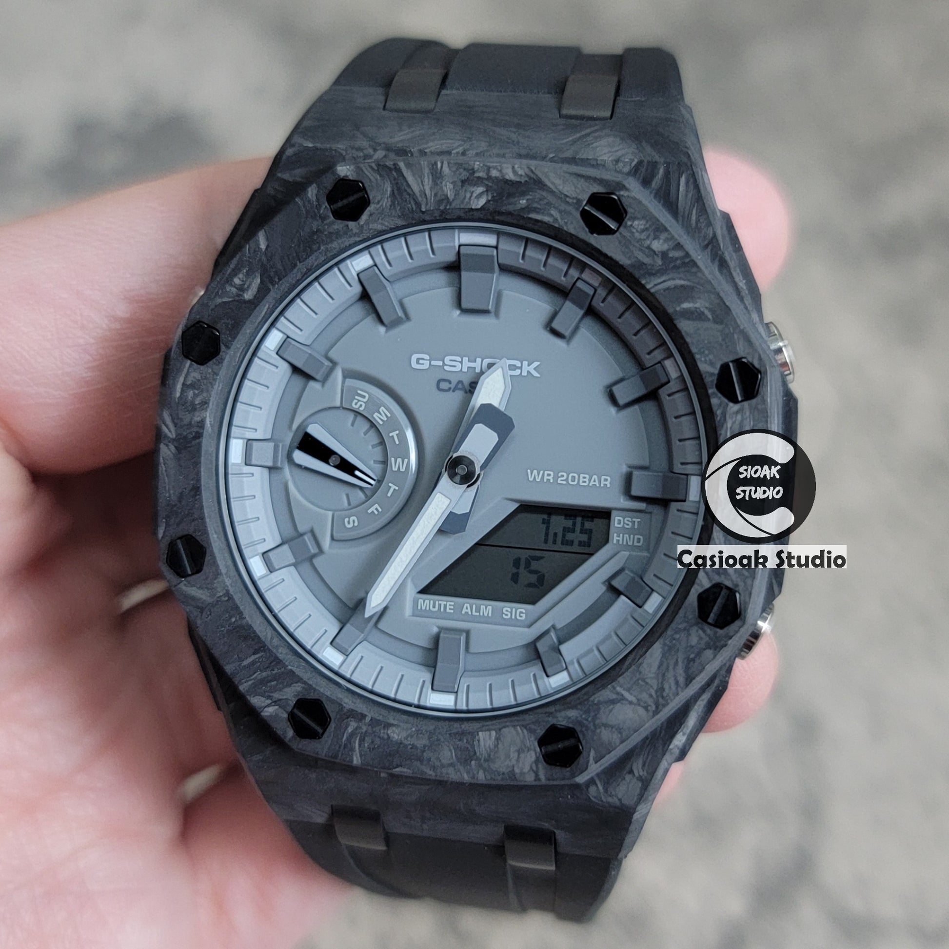 Casioak Mod Watch Carbon Fiber Superior Black Case Black Strap Gray Time Mark Gray Dial 44mm - Casioak Studio