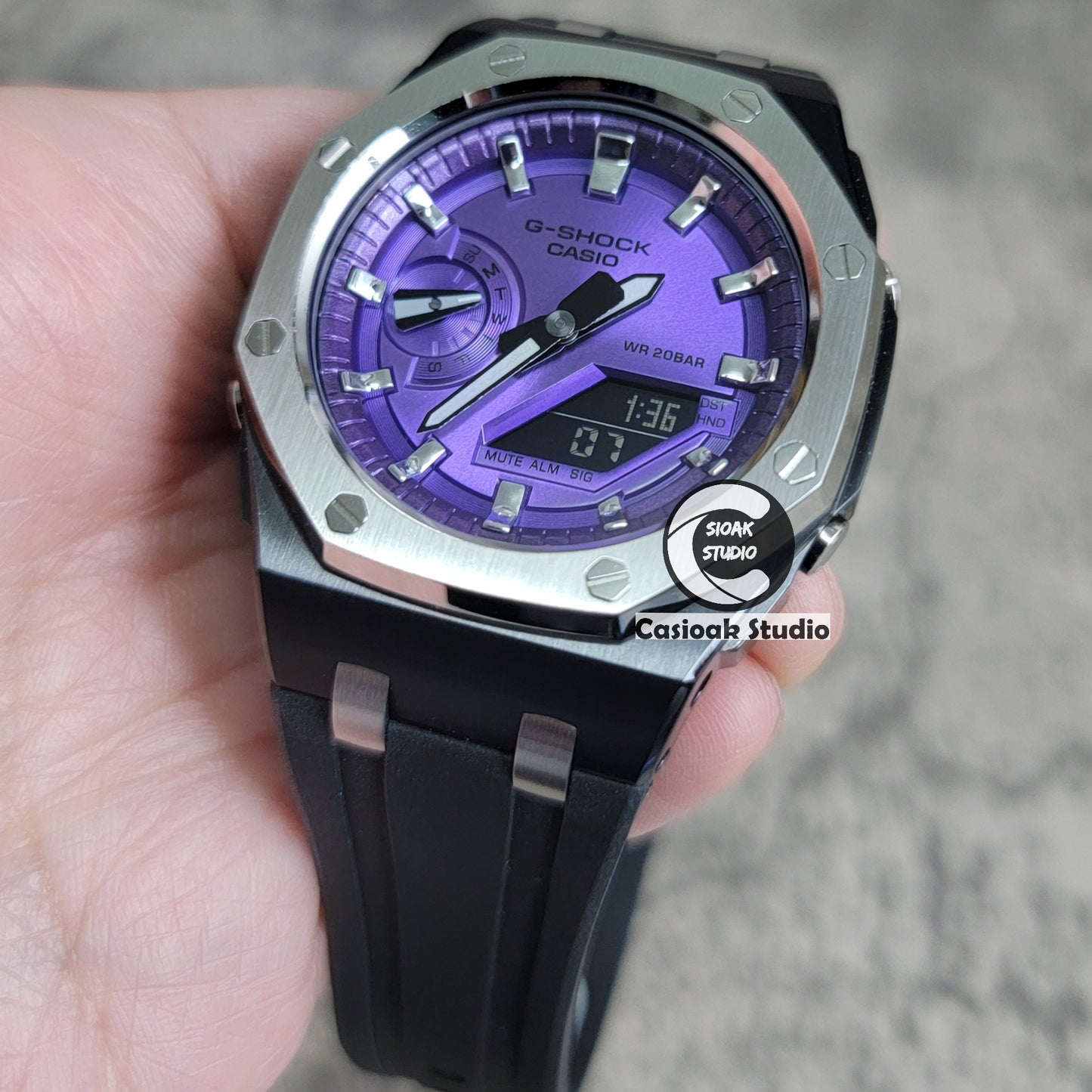 Casioak Mod Watch Offshore Superior Black Silver Case Black Rubber Strap Purple Silver Time Mark Purple Dial 44mm - Casioak Studio