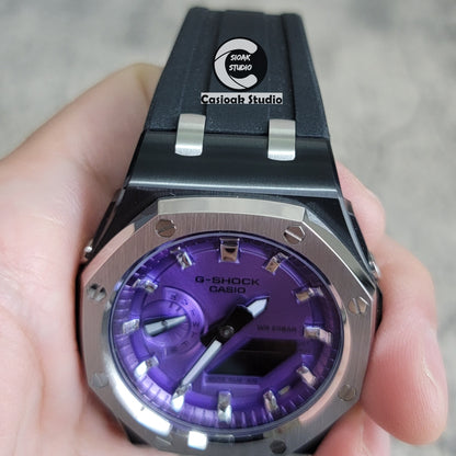 Casioak Mod Watch Offshore Superior Black Silver Case Black Rubber Strap Purple Silver Time Mark Purple Dial 44mm - Casioak Studio