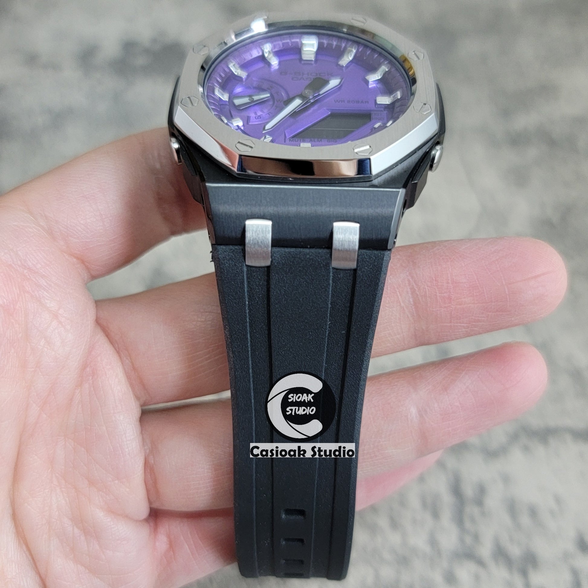 Casioak Mod Watch Offshore Superior Black Silver Case Black Rubber Strap Purple Silver Time Mark Purple Dial 44mm - Casioak Studio