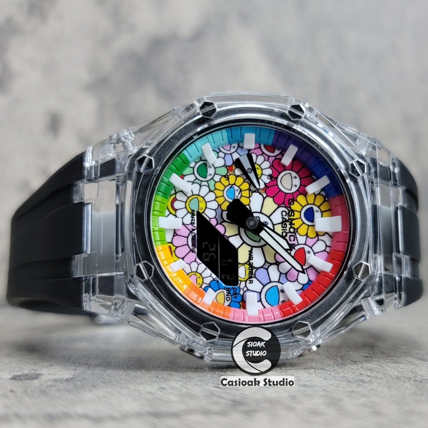 Casioak Mod Watch Transparent Case Black Strap Rainbow White Time Mark Takashi Murakami Dial 44mm - Casioak Studio