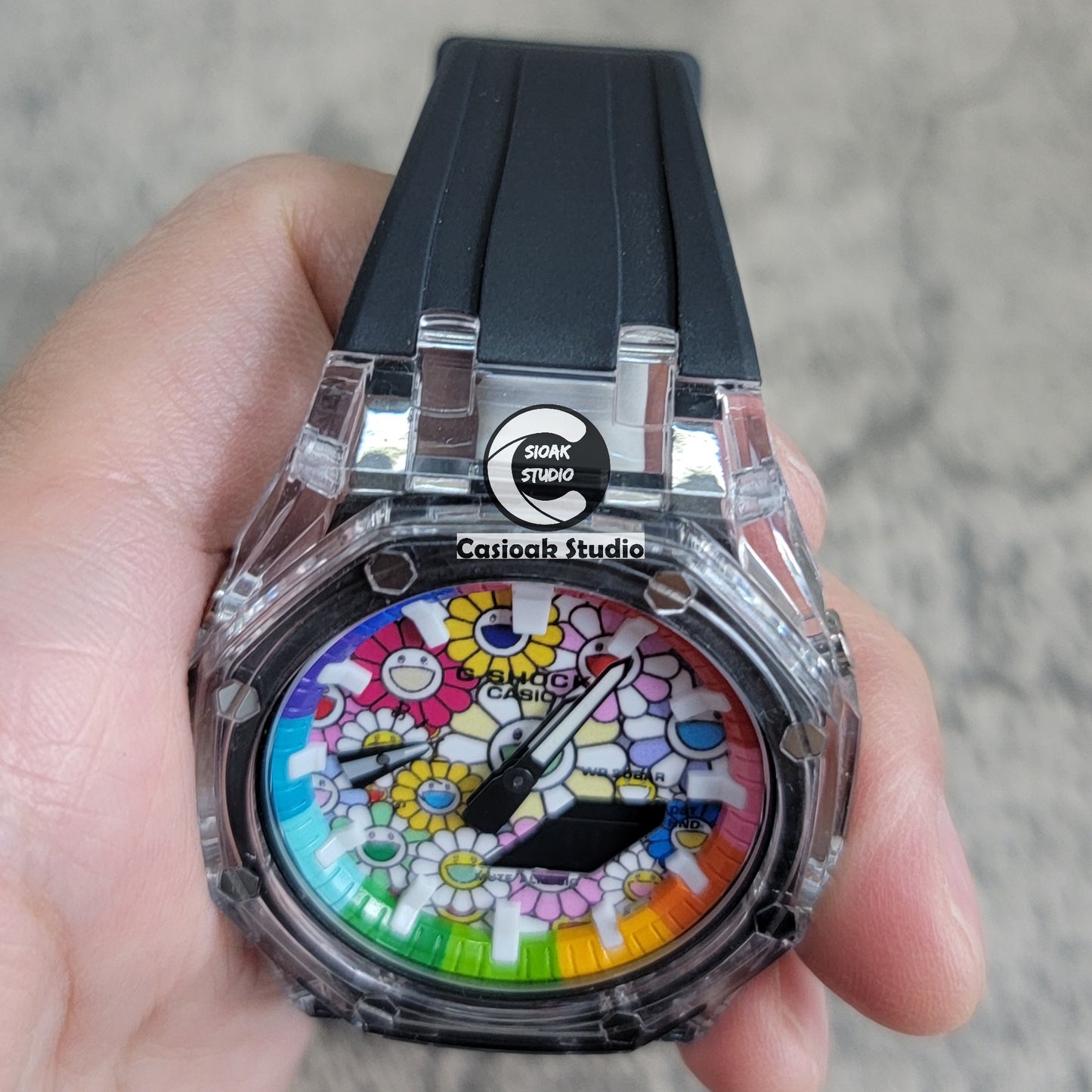 Casioak Mod Watch Transparent Case Black Strap Rainbow White Time Mark Takashi Murakami Dial 44mm - Casioak Studio