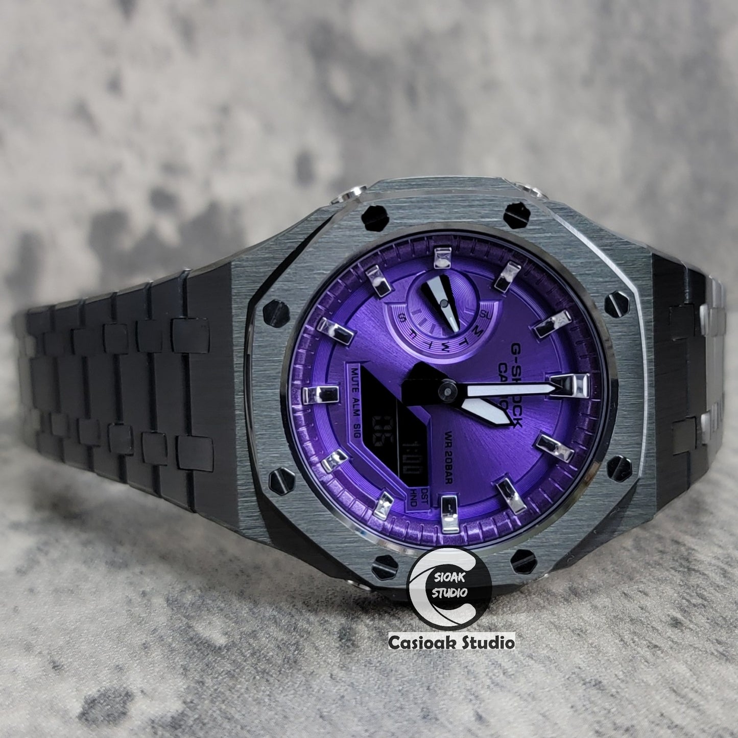 Casioak Mod Watch Gray Case Metal Strap Purple Time Mark Purple Dial 44mm - Casioak Studio