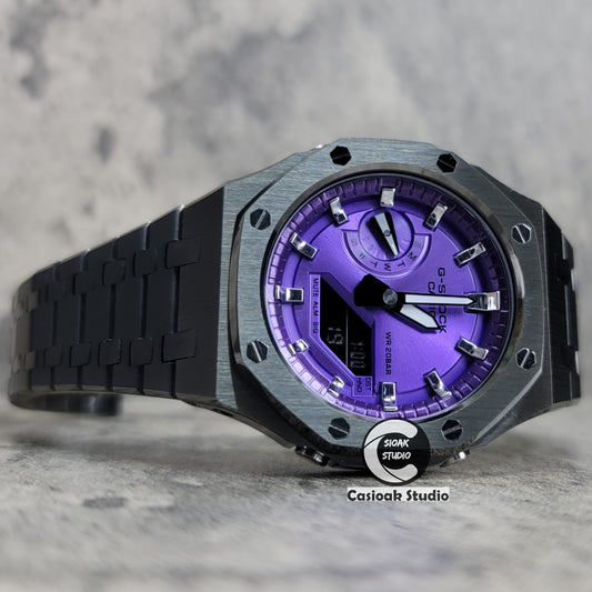 Casioak Mod Watch Gray Case Metal Strap Purple Time Mark Purple Dial 44mm - Casioak Studio