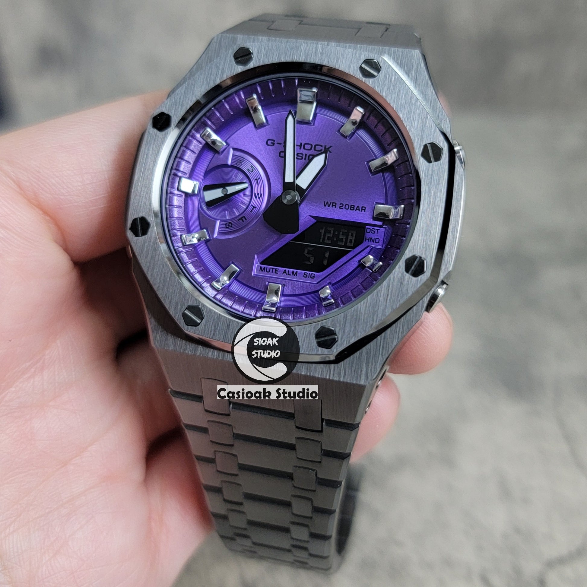 Casioak Mod Watch Gray Case Metal Strap Purple Time Mark Purple Dial 44mm - Casioak Studio