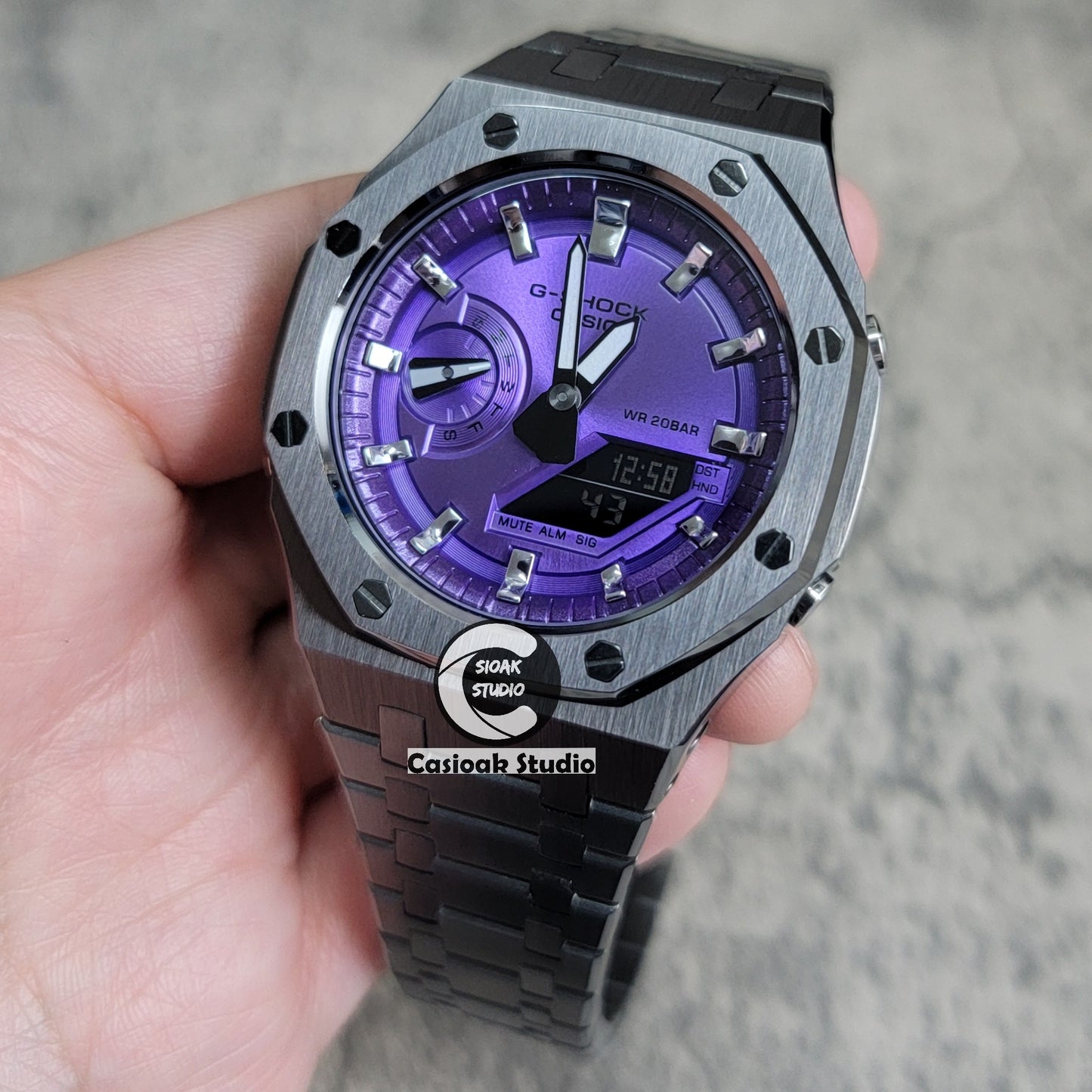 Casioak Mod Watch Gray Case Metal Strap Purple Time Mark Purple Dial 44mm - Casioak Studio