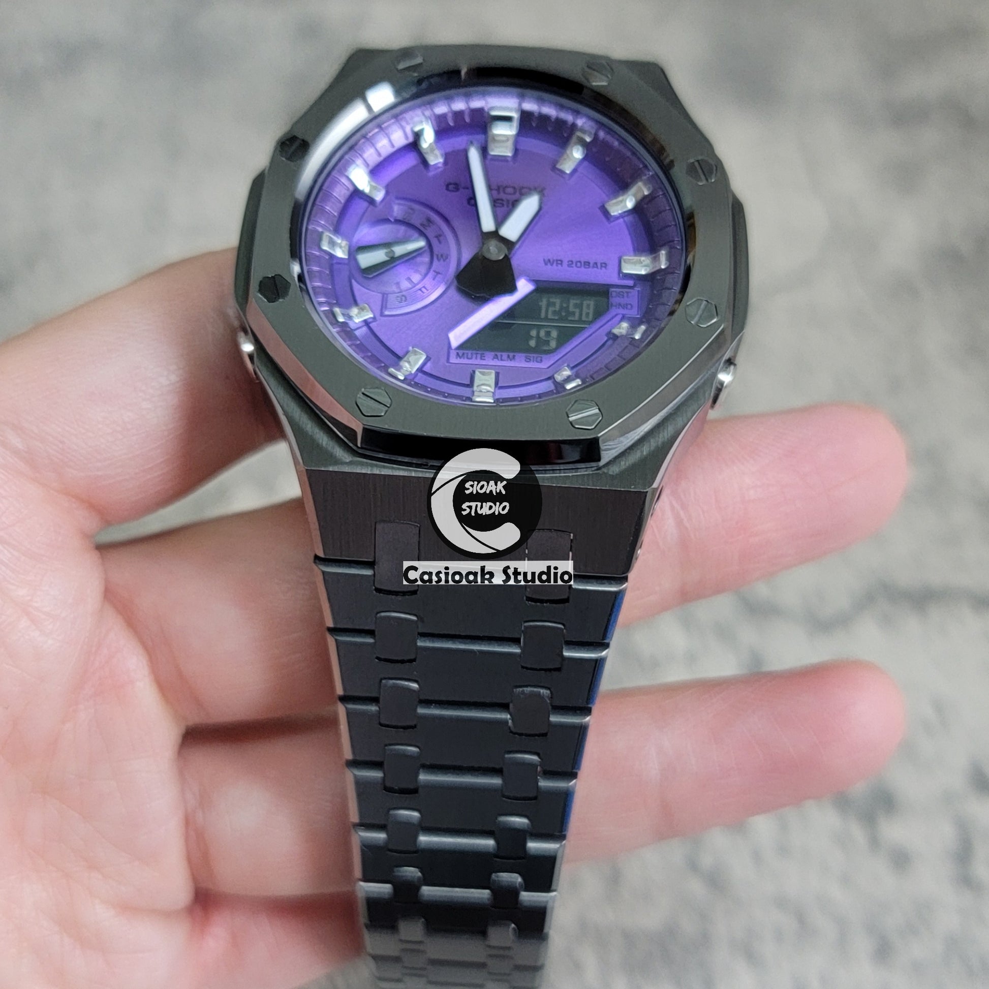 Casioak Mod Watch Gray Case Metal Strap Purple Time Mark Purple Dial 44mm - Casioak Studio