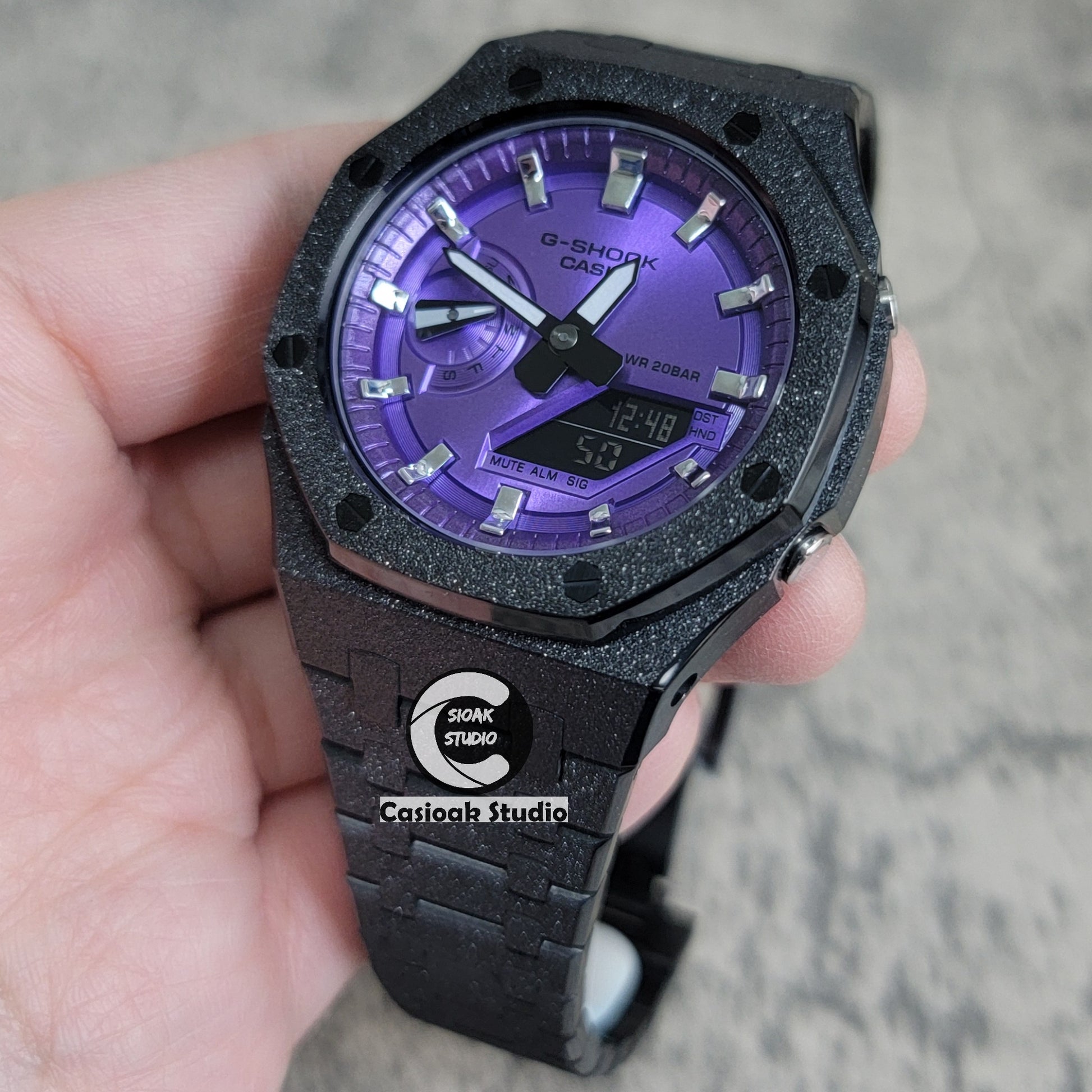 Casioak Mod Watch Frosted Black Case Metal Strap Purple Silver Time Mark Purple Dial 44mm - Casioak Studio