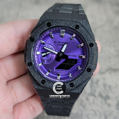 Casioak Mod Watch Frosted Black Case Metal Strap Purple Silver Time Mark Purple Dial 44mm - Casioak Studio