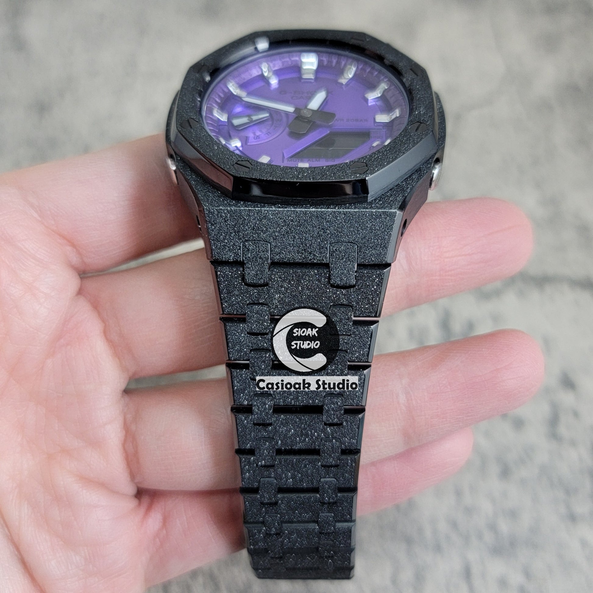 Casioak Mod Watch Frosted Black Case Metal Strap Purple Silver Time Mark Purple Dial 44mm - Casioak Studio