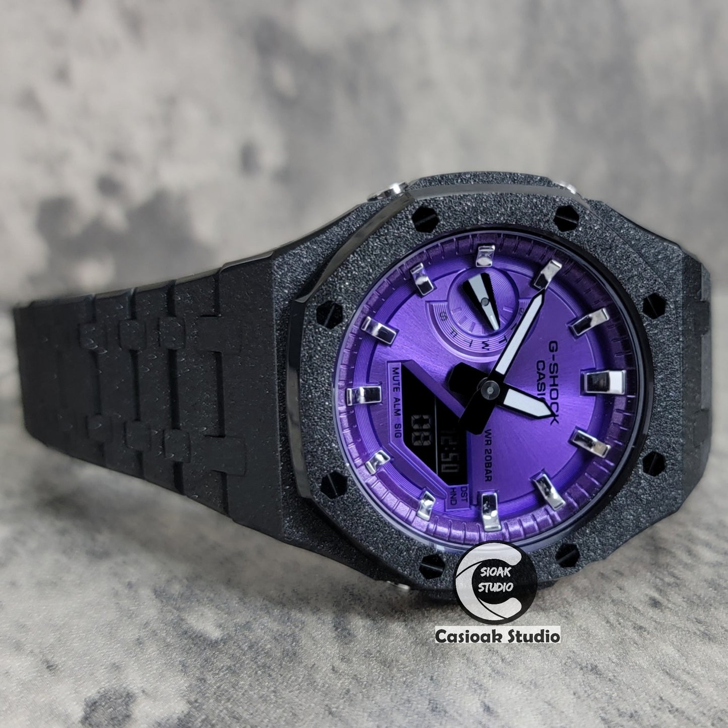 Casioak Mod Watch Frosted Black Case Metal Strap Purple Silver Time Mark Purple Dial 44mm - Casioak Studio