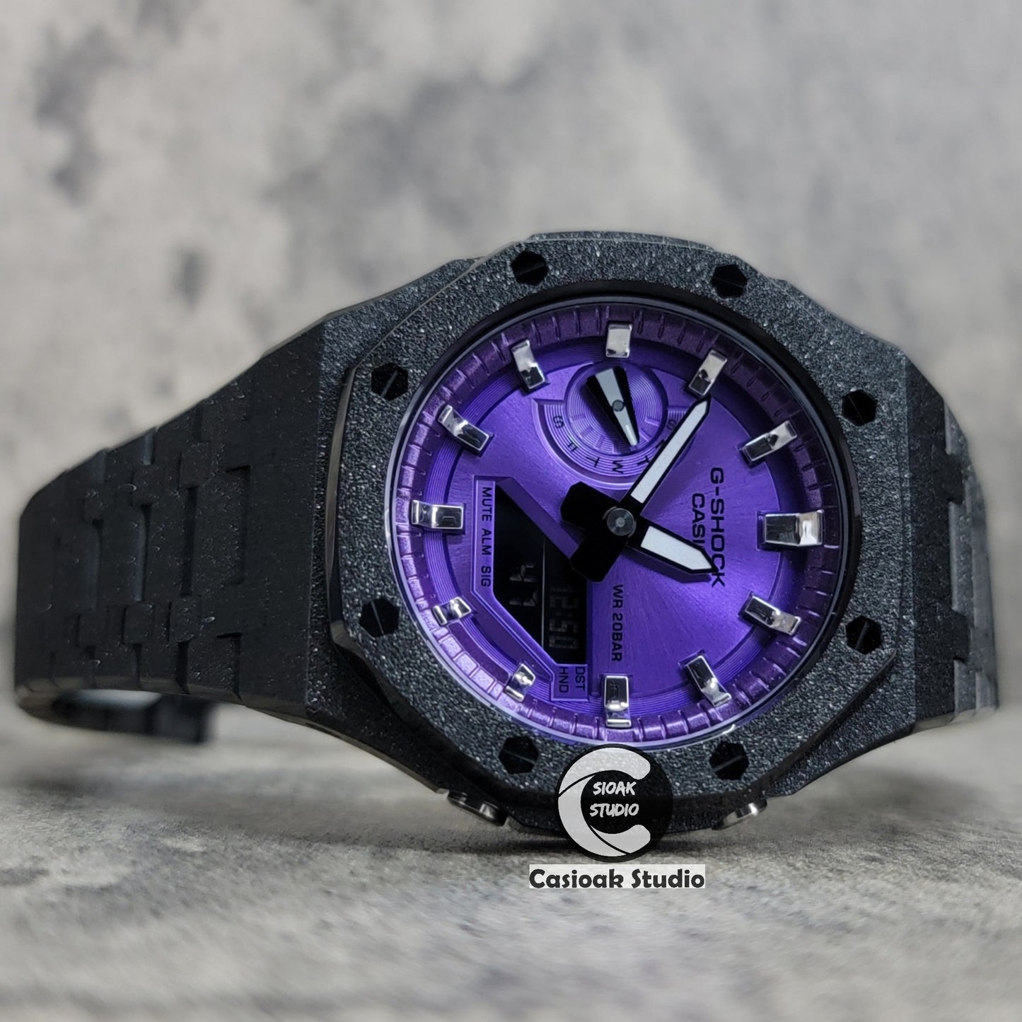 Casioak Mod Watch Frosted Black Case Metal Strap Purple Silver Time Mark Purple Dial 44mm - Casioak Studio