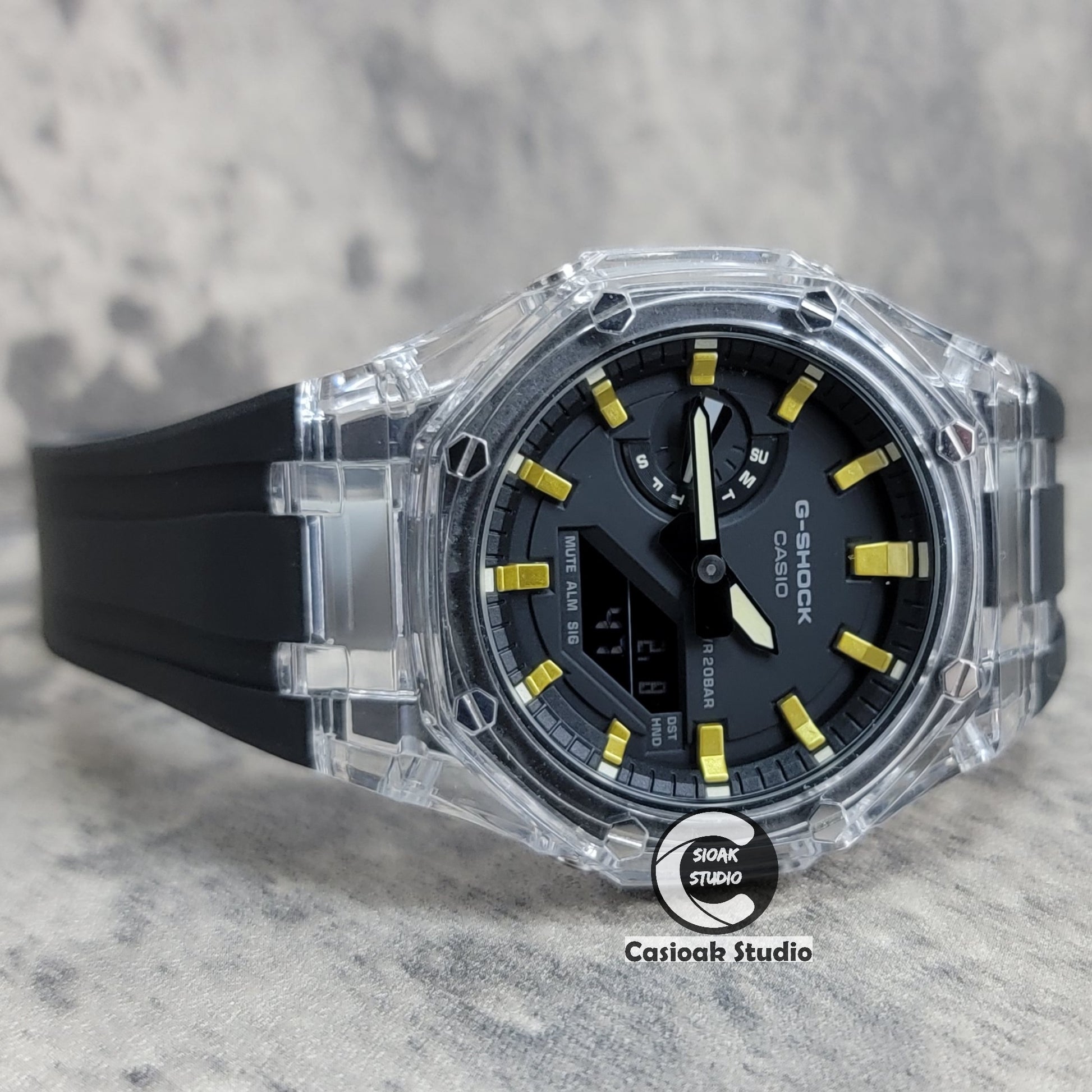 Casioak Mod Watch Transparent Case Black Strap Black Gold Time Mark Black  Dial 44mm - Casioak Studio