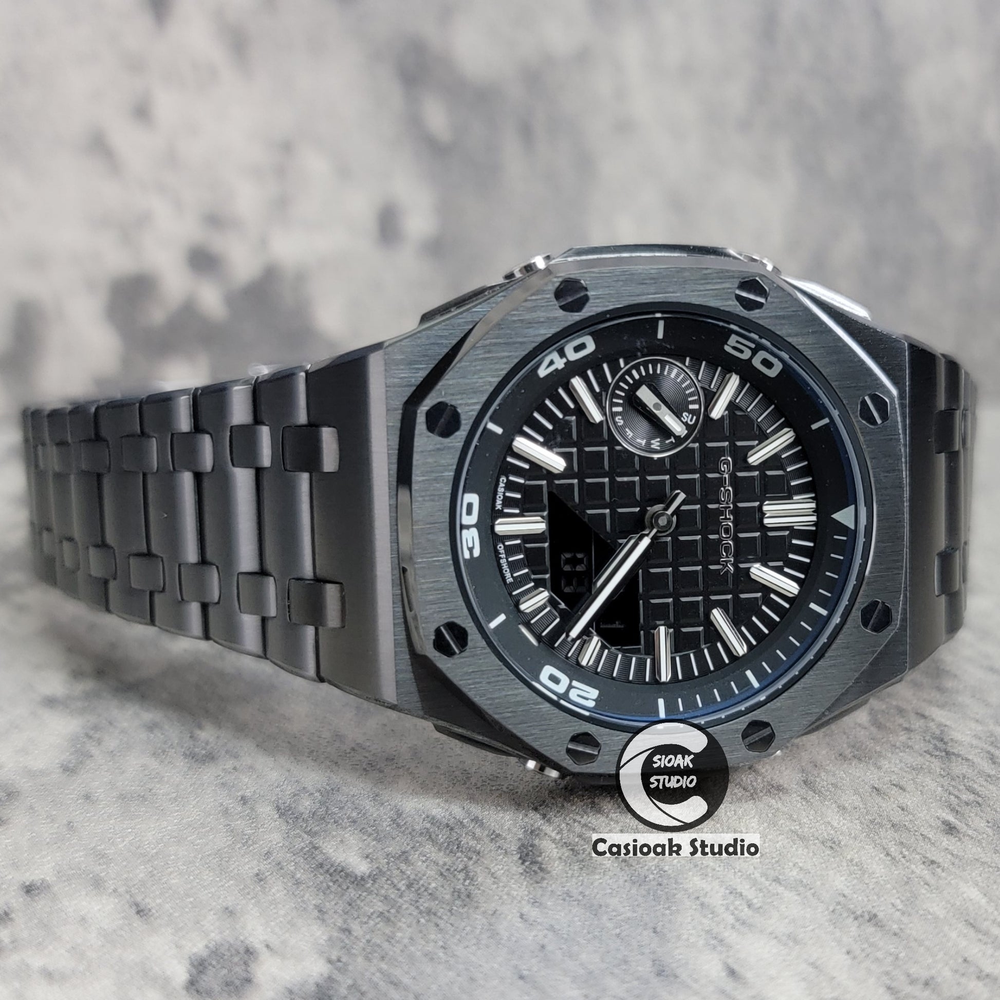 Casioak Mod Watch NEW Offshore Superior Gray Case Metal Strap Black Time Mark Black Dial 44mm Sapphire Crystal Sapphire Glass - Casioak Studio