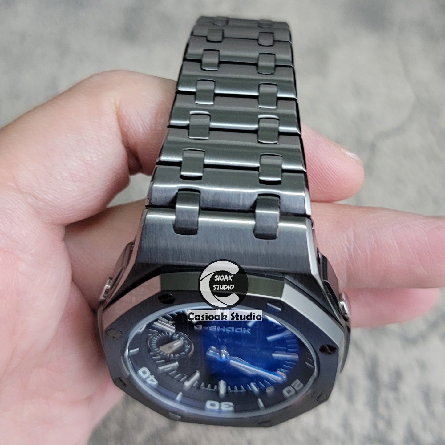 Casioak Mod Watch NEW Offshore Superior Gray Case Metal Strap Black Time Mark Black Dial 44mm Sapphire Crystal Sapphire Glass - Casioak Studio
