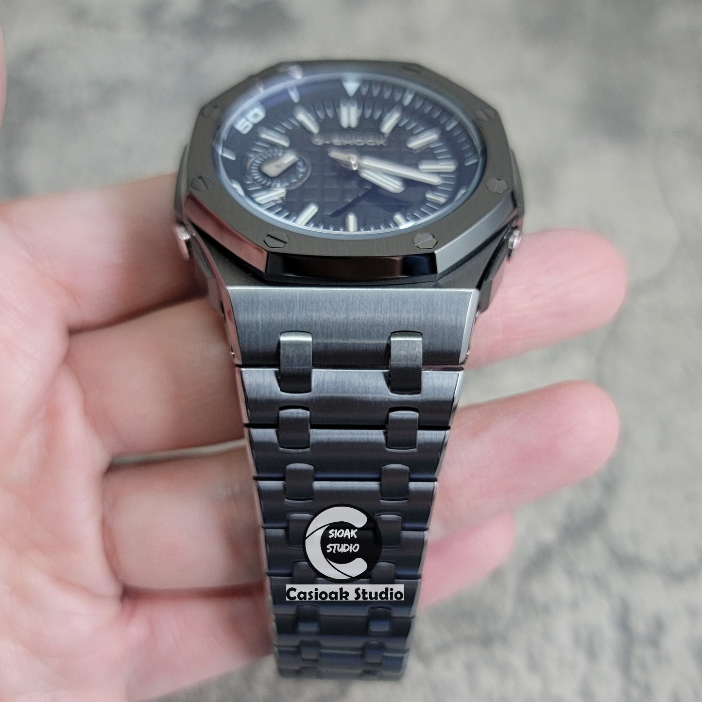 Casioak Mod Watch NEW Offshore Superior Gray Case Metal Strap Black Time Mark Black Dial 44mm Sapphire Crystal Sapphire Glass - Casioak Studio