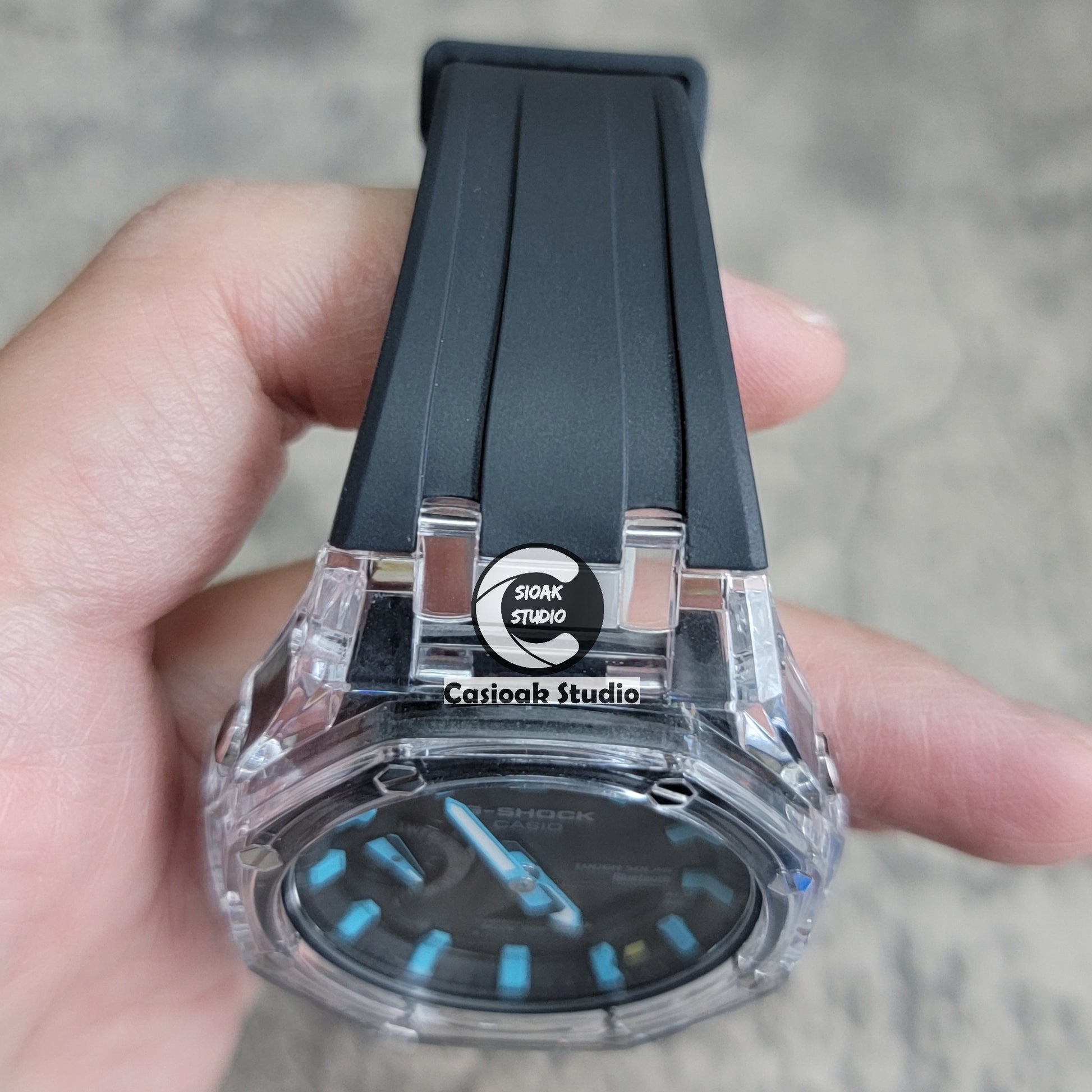 Casioak Mod Watch Solar Bluetooth Transparent Case Black Strap Black Tiffany Time Mark Black Dial 44mm - Casioak Studio