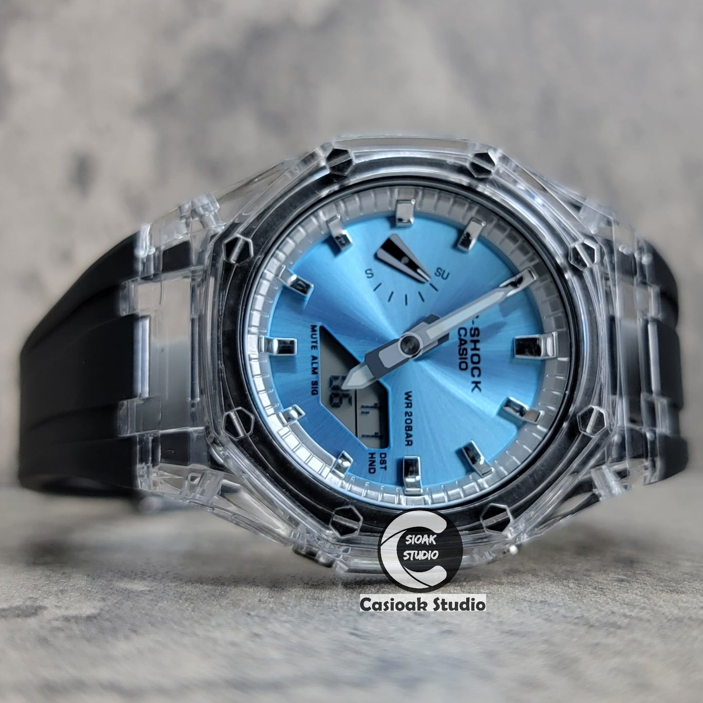 Casioak Mod Transparent Case Black Strap Silver Time Mark Ice Blue Dial 44mm - Casioak Studio