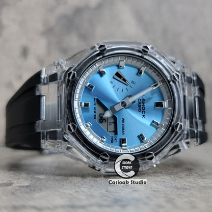 Casioak Mod Transparent Case Black Strap Silver Time Mark Ice Blue Dial 44mm - Casioak Studio