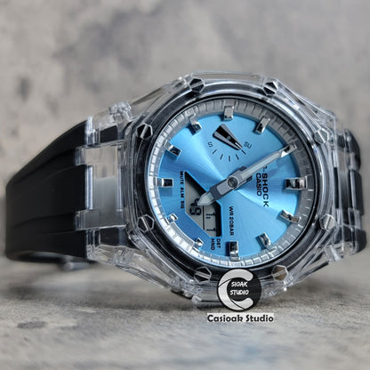 Casioak Mod Transparent Case Black Strap Silver Time Mark Ice Blue Dial 44mm - Casioak Studio