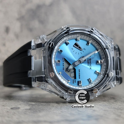 Casioak Mod Transparent Case Black Strap Silver Time Mark Ice Blue Dial 44mm - Casioak Studio