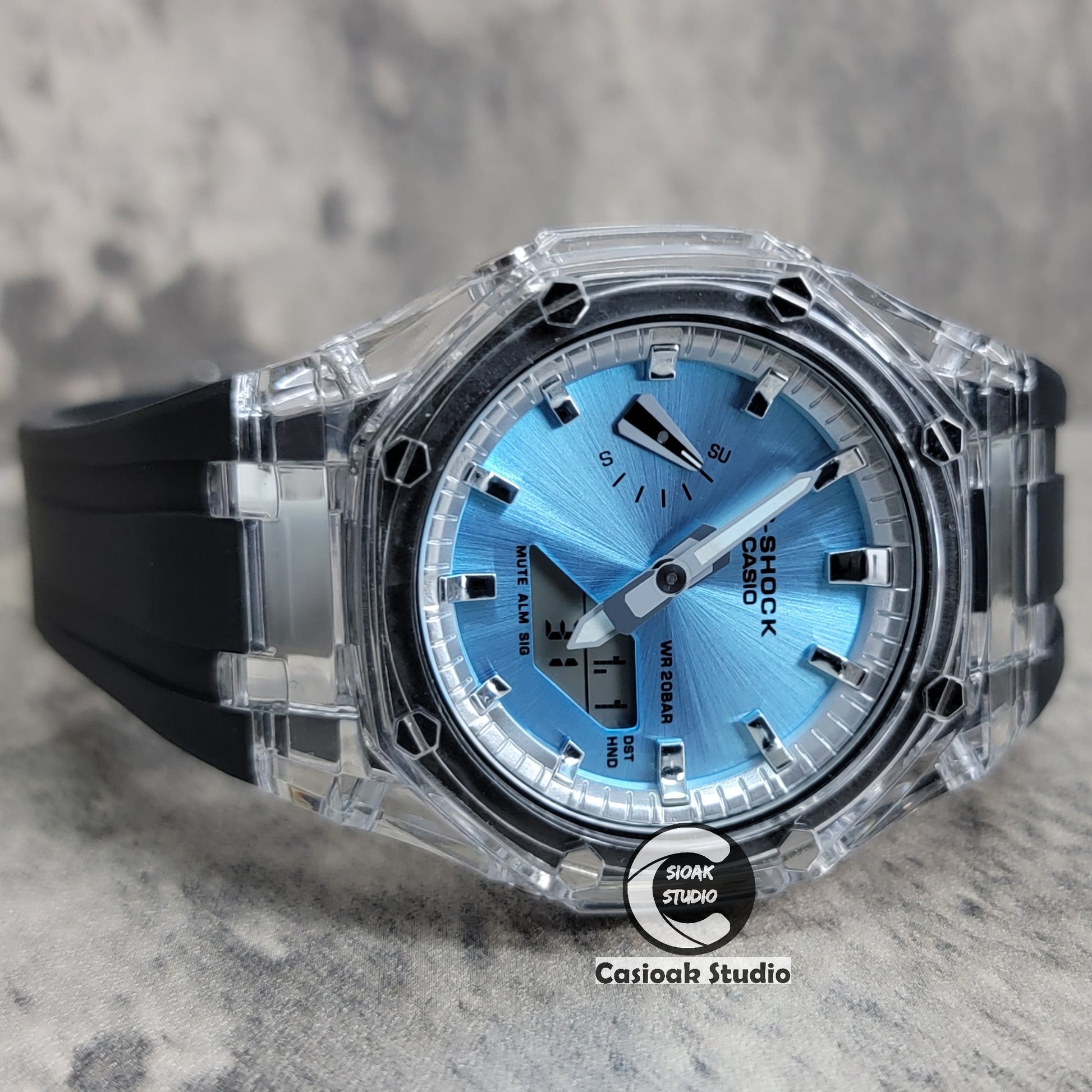 Casioak Mod Transparent Case Black Strap Silver Time Mark Ice Blue Dial 44mm - Casioak Studio