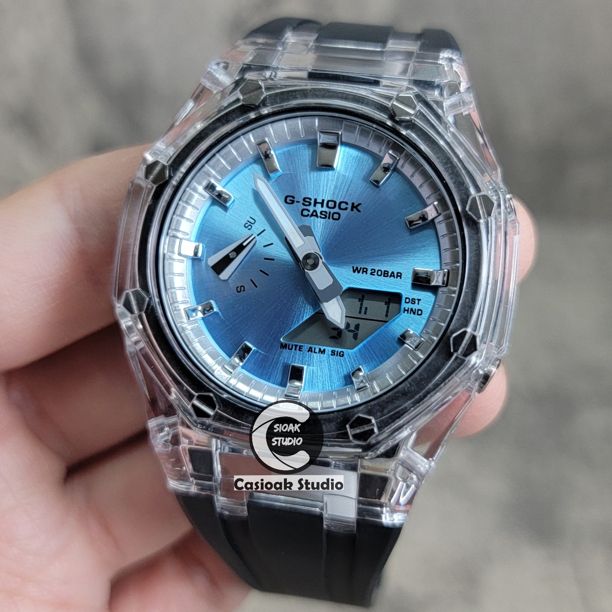 Casioak Mod Transparent Case Black Strap Silver Time Mark Ice Blue Dial 44mm - Casioak Studio