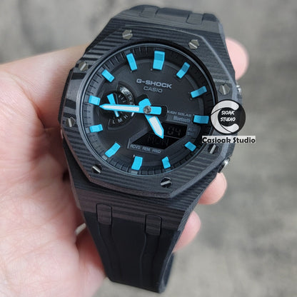 Casioak Mod Watch Solar Bluetooth Carbon Fiber Case Black Strap Black Tiffany Time Mark Black Dial 44mm - Casioak Studio