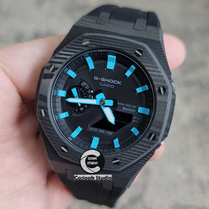 Casioak Mod Watch Solar Bluetooth Carbon Fiber Case Black Strap Black Tiffany Time Mark Black Dial 44mm - Casioak Studio