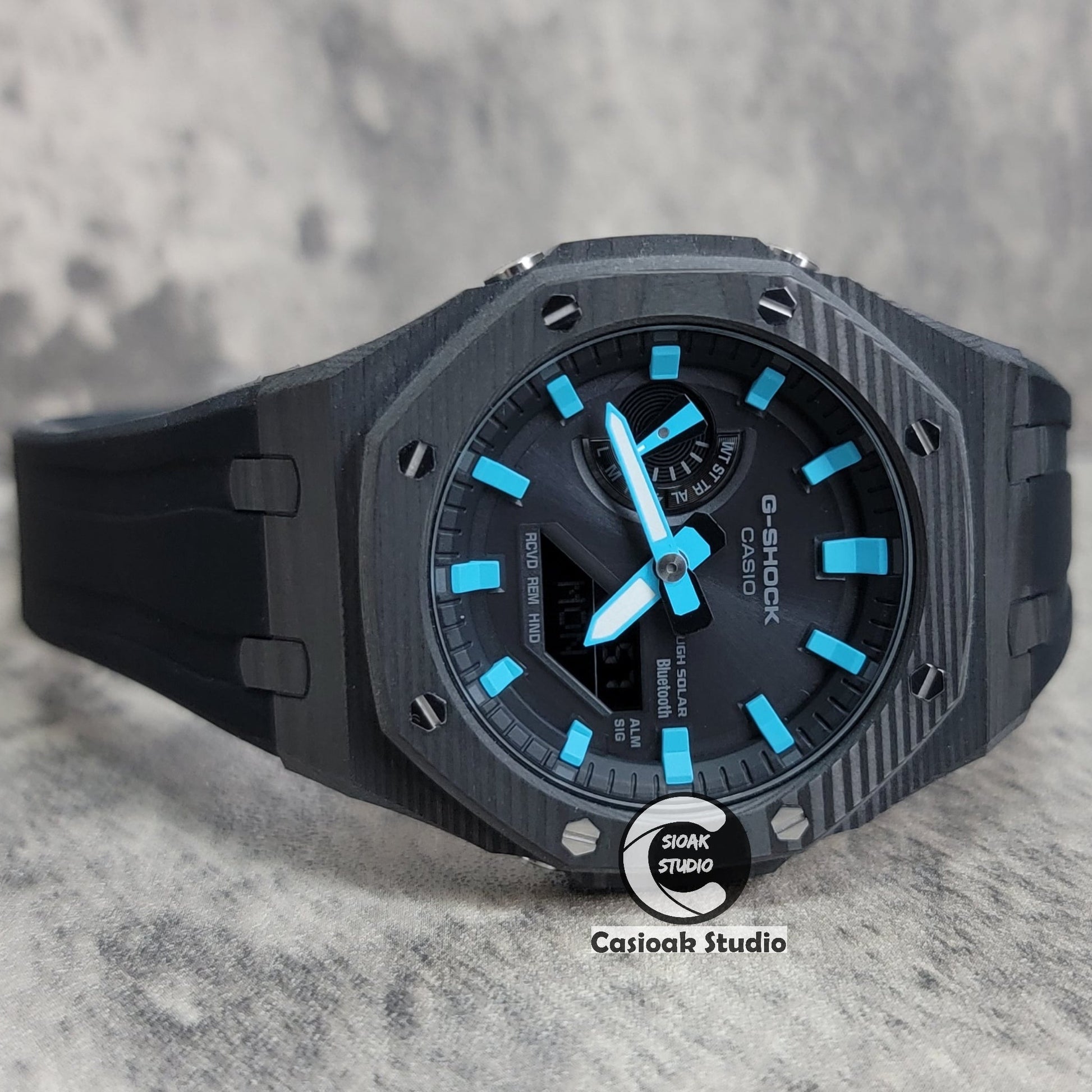 Casioak Mod Watch Solar Bluetooth Carbon Fiber Case Black Strap Black Tiffany Time Mark Black Dial 44mm - Casioak Studio