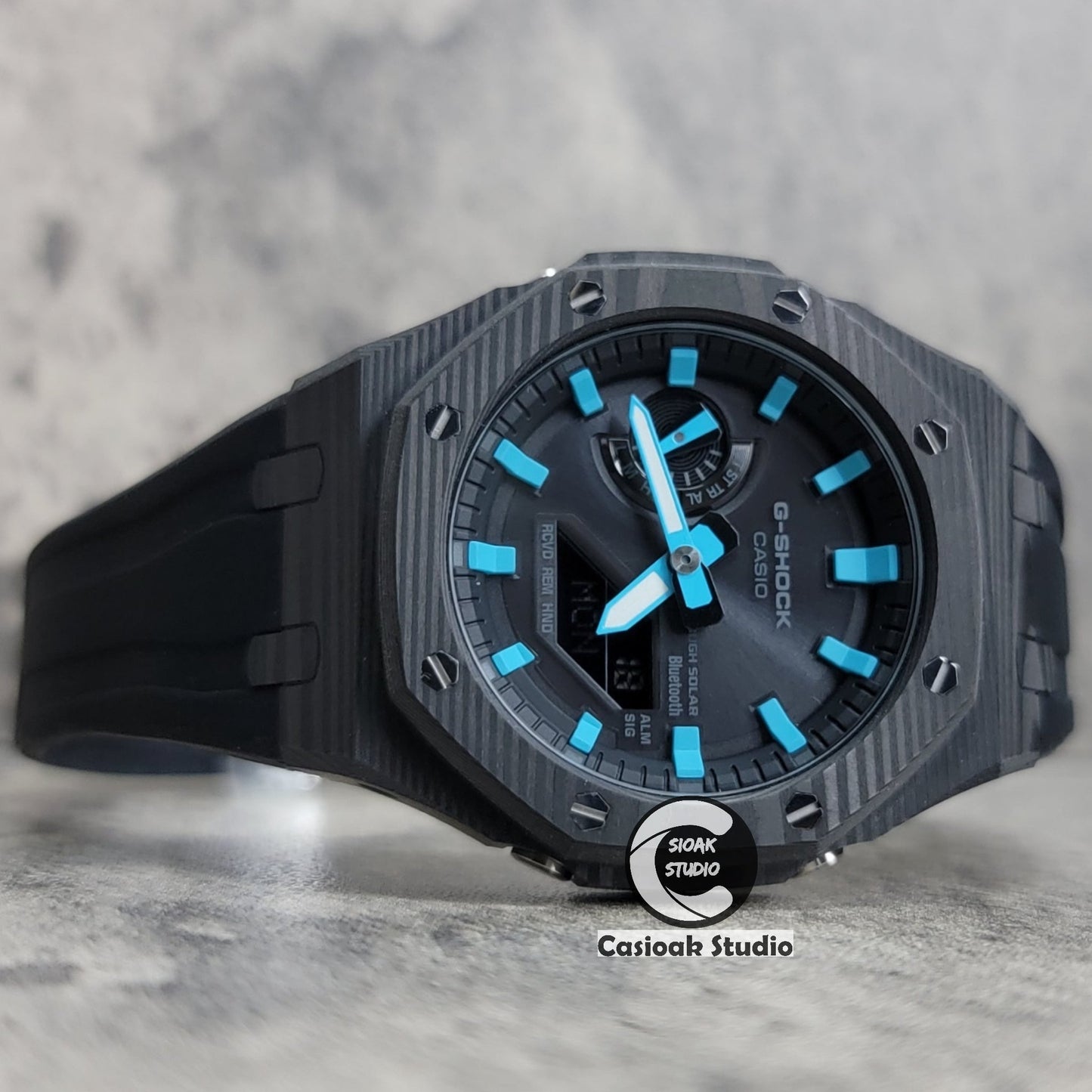 Casioak Mod Watch Solar Bluetooth Carbon Fiber Case Black Strap Black Tiffany Time Mark Black Dial 44mm - Casioak Studio